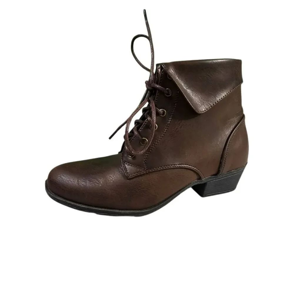 TOP Moda Women's Foldover Lace Up Low Chunky Heel Ankle Booties Boot
